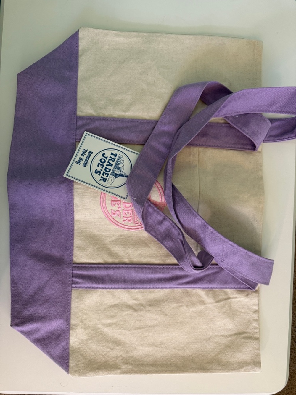 NWT Trader Joe’s Canvas Tote Bag with Lavender Trim and Pink Logo (full size)